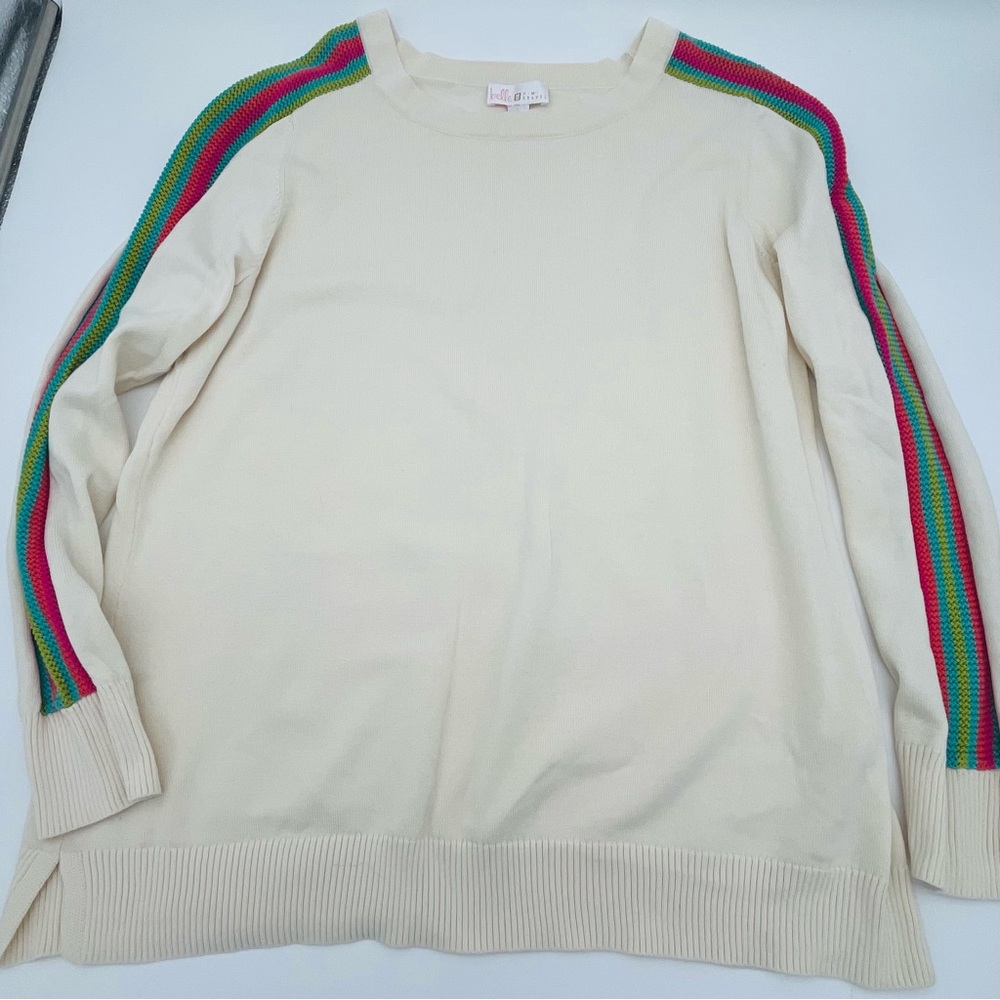 Belle by Kim Gravel Cream Knit crewneck Top preppy rainbow stripe sweater size L
